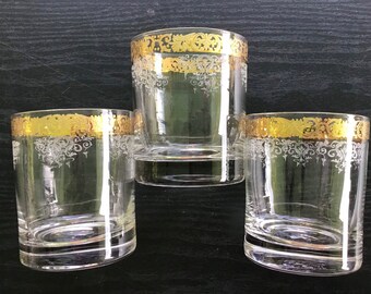 Double Old Fashion Whiskey Bourbon Glasses Stencil Pattern 14k Gold Border Set (3)