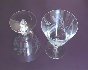 Leaf Fern Etched Wine Water Goblets Vintage Excellent