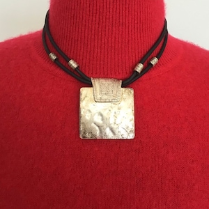 Ikita Brutalist Modernist Silver tone Metal Pendant Leather Necklace