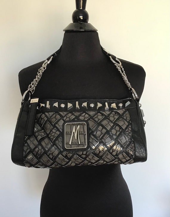 Marciano Pewter Black Croc Embossed Studded Chain… - image 1