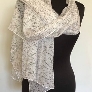 Silk Scarf/Wrap Polka Dot White Black 21.5 x 73” Vintage