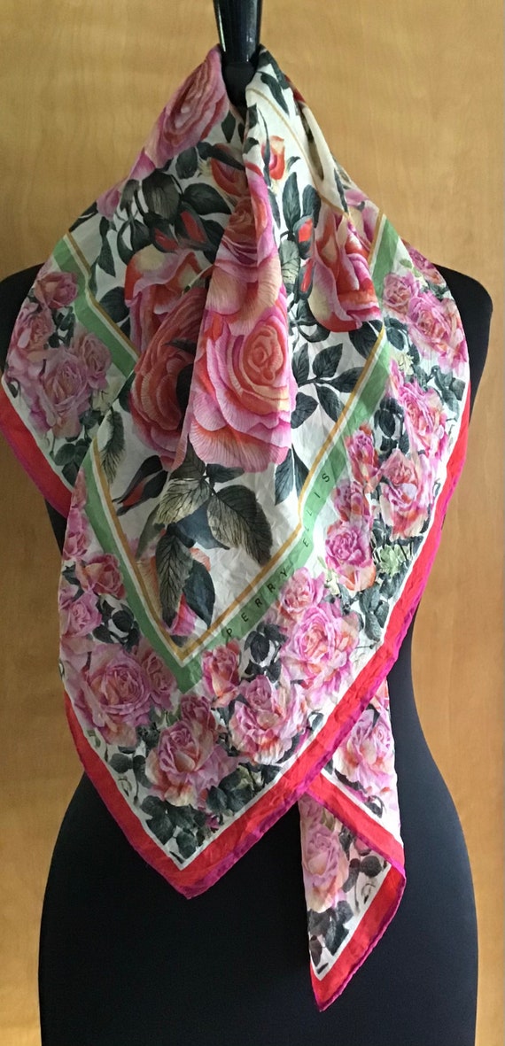 Perry Ellis Rose Floral Silk Scarf 34”x 34” Vintag