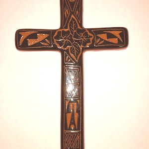 Native American Acoma Pottery Crucifix, Black and Red Clay