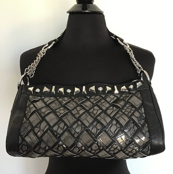 Marciano Pewter Black Croc Embossed Studded Chain… - image 3