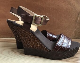 Kanna Spain Women’s Croc Embossed Metallic Rope Wedge Platform Sandals Brown Bronze Size-7 NWOB