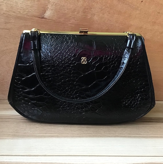 Crocodile Embossed Black Leather Satchel Handbag … - image 3