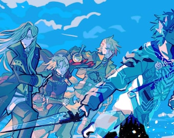Może przedstawiać: Grupa czterech postaci anime w niebiesko-białej kolorystyce. Postacie stoją przed niebieskim niebem z białymi chmurami. Postać po prawej stronie ma na sobie niebiesko-biały strój i niebieskie włosy. Postać po lewej stronie ma na sobie czarno-biały strój i długie białe włosy. Dwie postacie pośrodku mają na sobie różne kolory i różne kolory włosów.