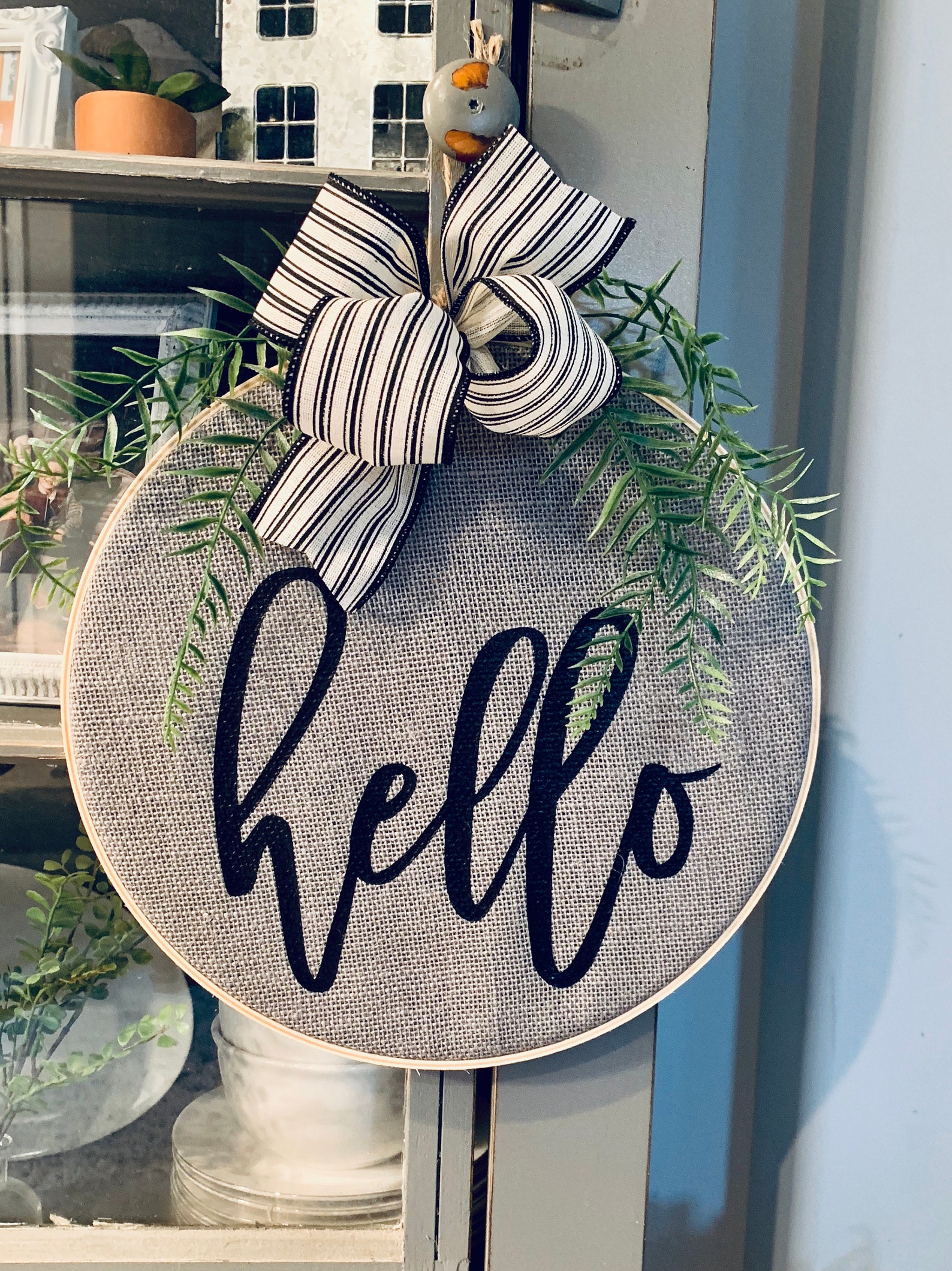 Embroidery Hoop Wreath Door Hanger Hello Door Hanger Round Etsy