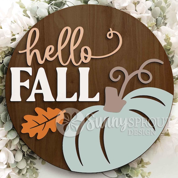 Hello Fall Pumpkin and Leaf Sign, Digital Download, SVG Laser Cut File, Cricut, Round Fall Door Hanger Design
