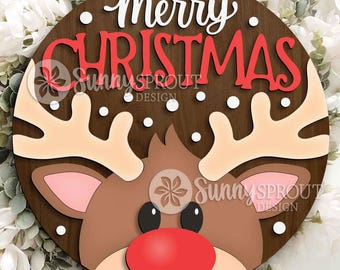 Merry Christmas Reindeer Sign, Digital Download, SVG Laser Cut File, Cricut, Round Door Hanger Design