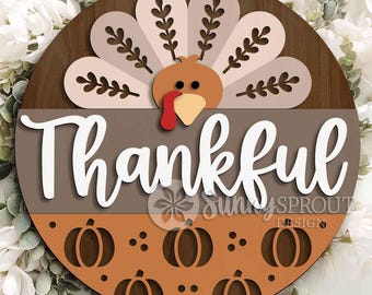 Thankful Turkey Pumpkin Sign, Digital Download, SVG Laser Cut File, Cricut, Round Fall Thanksgiving Door Hanger Design