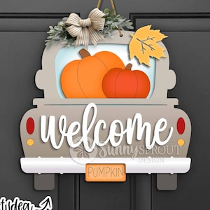 Welcome Fall Pumpkin Truck Sign, Digital Download, SVG Laser Cut File, Cricut, Fall Farmhouse Door Hanger Design