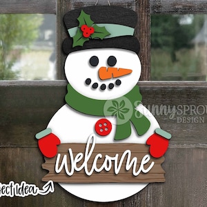 Snowman Welcome Door Hanger Design, DIGITAL download, Glowforge laser cut file, Winter welcome sign svg, Christmas sign, Holiday decor