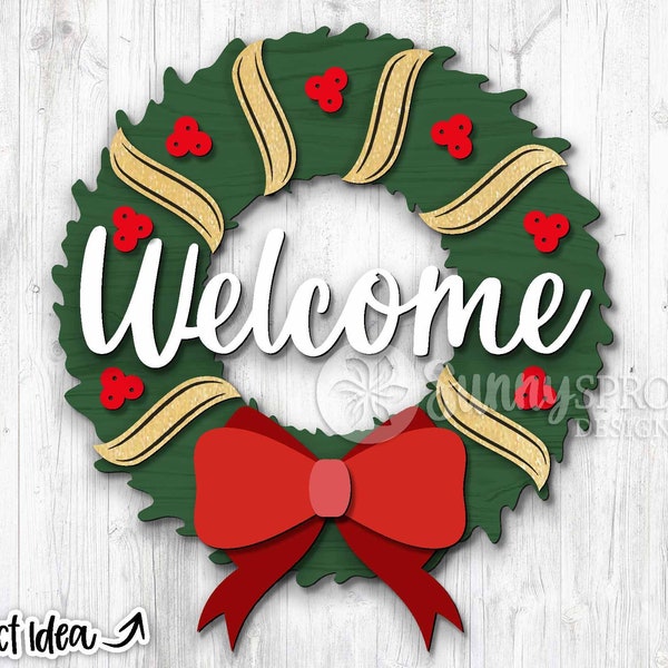 Welcome Wreath Door Hanger Design, DIGITAL download, Glowforge laser cut file, Winter welcome sign svg, Christmas sign, Holiday decor