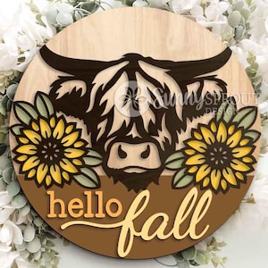Ciao autunno, insegna con mucca Highland e girasole, download digitale, file SVG per taglio laser, Cricut, decorazione rotonda autunnale da appendere alla porta, decorazione a tema fattoria