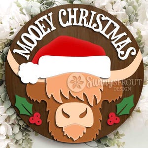 Mooey Christmas Highland Cow Sign, Digital Download, SVG Laser Cut File, Cricut, Round Door Hanger Design, Farmhouse Decor image 1