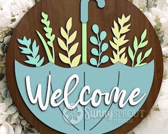 Cartello di benvenuto con ombrello capovolto, download digitale, file SVG per taglio laser, Cricut, design per appendino rotondo per porta, decorazione primaverile/pasquale