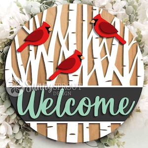 Welcome Cardinal Birch Tree Sign, Round door hanger, Glowforge laser file, Cricut, Christmas decor, Winter, Bird sign svg
