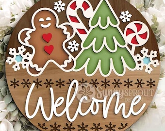 Letrero de bienvenida con diseño navideño, descarga digital, archivo SVG para corte láser, Cricut, diseño de colgador de puerta redondo.