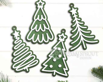 Drawn Christmas Tree Ornament Bundle, Digital download, SVG laser cut file, Cricut, Modern Christmas design