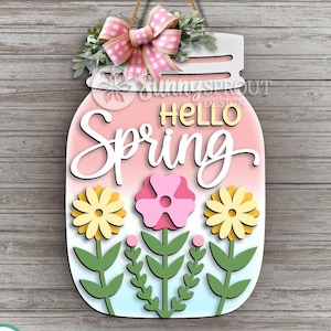 Letrero de "Hola Primavera" para tarro de cristal, archivo SVG para colgar en la puerta, archivo láser Glowforge, archivo SVG para Cricut, letrero láser de Pascua, archivo SVG para decoración de primavera