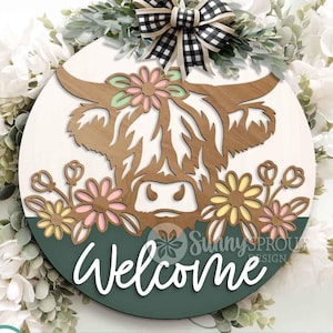 Highland Cow Wildflower Welcome Sign, Digital download, SVG Laser cut file, Cricut, Round door hanger design, Summer farm animal decor