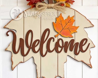 Welcome Maple Leaf Sign, Digital Download, SVG Laser Cut File, Cricut, Fall Thanksgiving Halloween Door Hanger Design