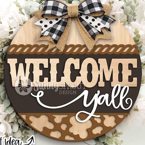 Welcome Y'all Cow Pattern Rope Sign, Digital Download, SVG Laser Cut File, Cricut, Western Cowboy Round Door Hanger Design