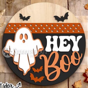 Hey Boo Polka Dot Sign, Digital Download, SVG Laser Cut File, Cricut, Round Halloween Welcome Door Hanger Design