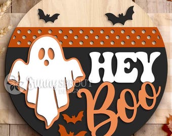 Hey Boo Polka Dot Sign, Digital Download, SVG Laser Cut File, Cricut, Round Halloween Welcome Door Hanger Design