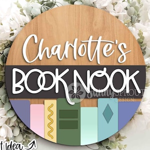 Book Nook Name Sign, Digital download, SVG Laser cut file, Cricut, Round door hanger design, Personalize school decor