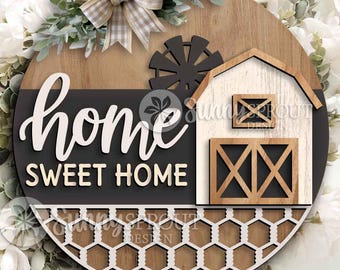 Home Sweet Home Barn Windmill Sign, Digital Download, SVG Laser Cut File, Cricut, Farmhouse Round Door Hanger Design