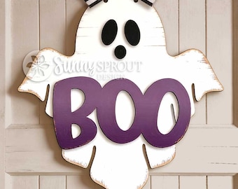 Boo Ghost Shaped Sign, Digital Download, SVG Laser Cut File, Cricut, Halloween Welcome Door Hanger Design