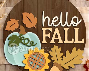 Hello Fall Pumpkin Sunflower Leaves Sign, Digital Download, SVG Laser Cut File, Cricut, Round Door Hanger Design