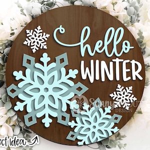 Letrero de copos de nieve de invierno, descarga digital, colgador de puerta redondo SVG, archivo láser Glowforge, Cricut, decoración de puerta de invierno, letrero de bienvenida de invierno