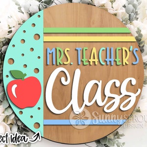 Placa de nome do professor da Apple Class, Digital, arquivo laser Glowforge, Cricut, cabide de porta redondo svg, presente para professor, svg de boas-vindas da escola, personalizar