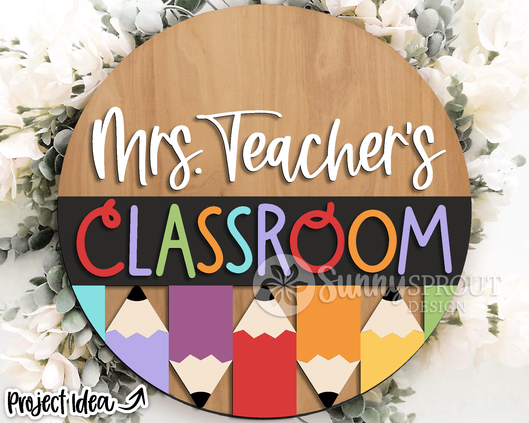 Classroom Pencil Teacher Name Sign, Glowforge laser file, Cricut, Round door hanger svg, Teacher gift, School welcome svg, Personalize