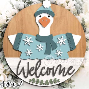 Goose Welcome Winter Sign, Digital download, Round door hanger svg, Glowforge laser file, Cricut, Snowflake sign svg, Interchangeable outfit