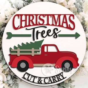 Signe de camion d'arbres de Noël, téléchargement numérique, svg rond d'accroche-porte, fichier découpé au laser Glowforge, Cricut, svg ferme, décoration de camion vintage
