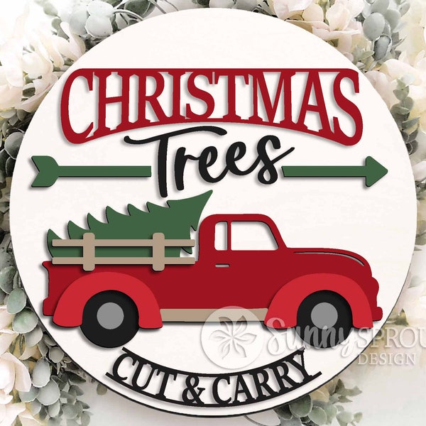 Christmas Trees Truck Sign, DIGITAL download, Round door hanger svg, Glowforge laser cut file, Cricut, Farmhouse svg, Vintage truck decor
