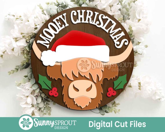 Mooey Christmas Highland Cow Sign, Digital Download, SVG Laser Cut File, Cricut, Round Door Hanger Design, Farmhouse Decor