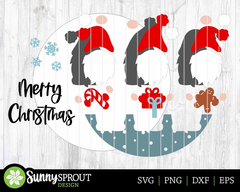 May include: A digital cut file design featuring two gnomes with red hats, candy canes, a gift box, and a gingerbread man. The design includes the text "Merry Christmas".