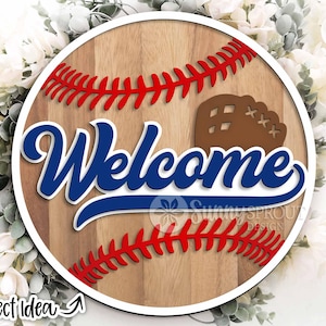 Willkommen Baseball Handschuh Zeichen, digitaler Download, runde Tür Aufhänger svg, Baseball Zeichen svg, Glowforge Laser-Datei, Cricut, Sport Dekor svg