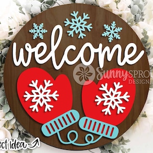 Letrero de bienvenida con copos de nieve, descarga digital, colgador de puerta redondo SVG, archivo láser Glowforge, Cricut, decoración de puerta de invierno, vacaciones navideñas