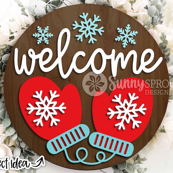 Welcome Snowflake Mittens Sign, Digital download, Round door hanger svg, Glowforge laser file, Cricut, Winter door decor, Christmas holiday