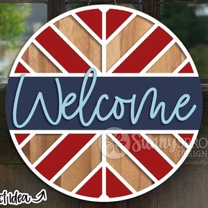 Panneau de bienvenue géométrique à chevrons, téléchargement numérique, svg d'accroche-porte rond, fichier découpé au laser Glowforge, signe de motif de courtepointe, décor de porte du 4 juillet