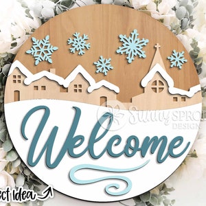 Placa de boas-vindas da Vila de Inverno, download DIGITAL, porta-guardanapo redondo svg, arquivo de corte a laser Glowforge, Cricut, placa de Natal svg, decoração de floco de neve