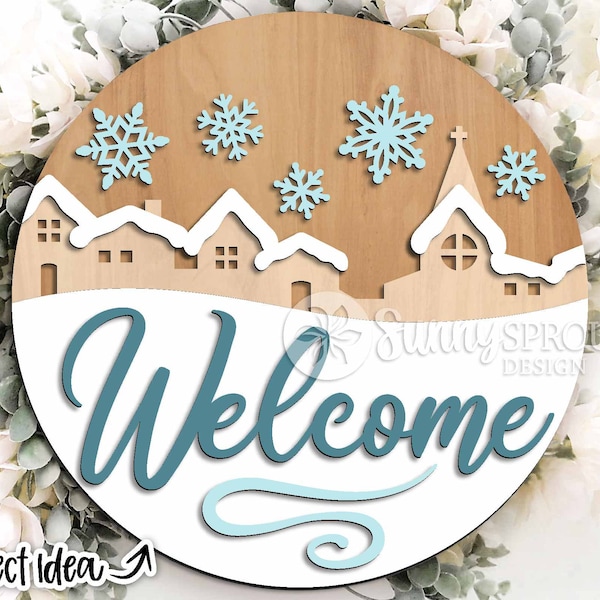 Bienvenue signe du village d'hiver, téléchargement numérique, svg d'accroche-porte rond, fichier découpé au laser Glowforge, Cricut, signe de Noël svg, décor flocon de neige