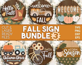 Fall Laser Sign Bundle 3, Round door hanger, Glowforge laser file, Cricut, Autumn welcome sign svg, Hello Fall pumpkin svg