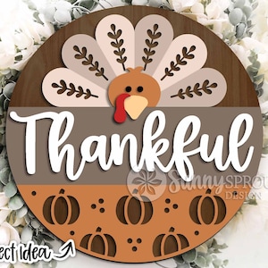 Thankful Turkey Pumpkin Sign, Digital download, Round door hanger svg, Glowforge laser file, Cricut, Thanksgiving decor, Autumn sign